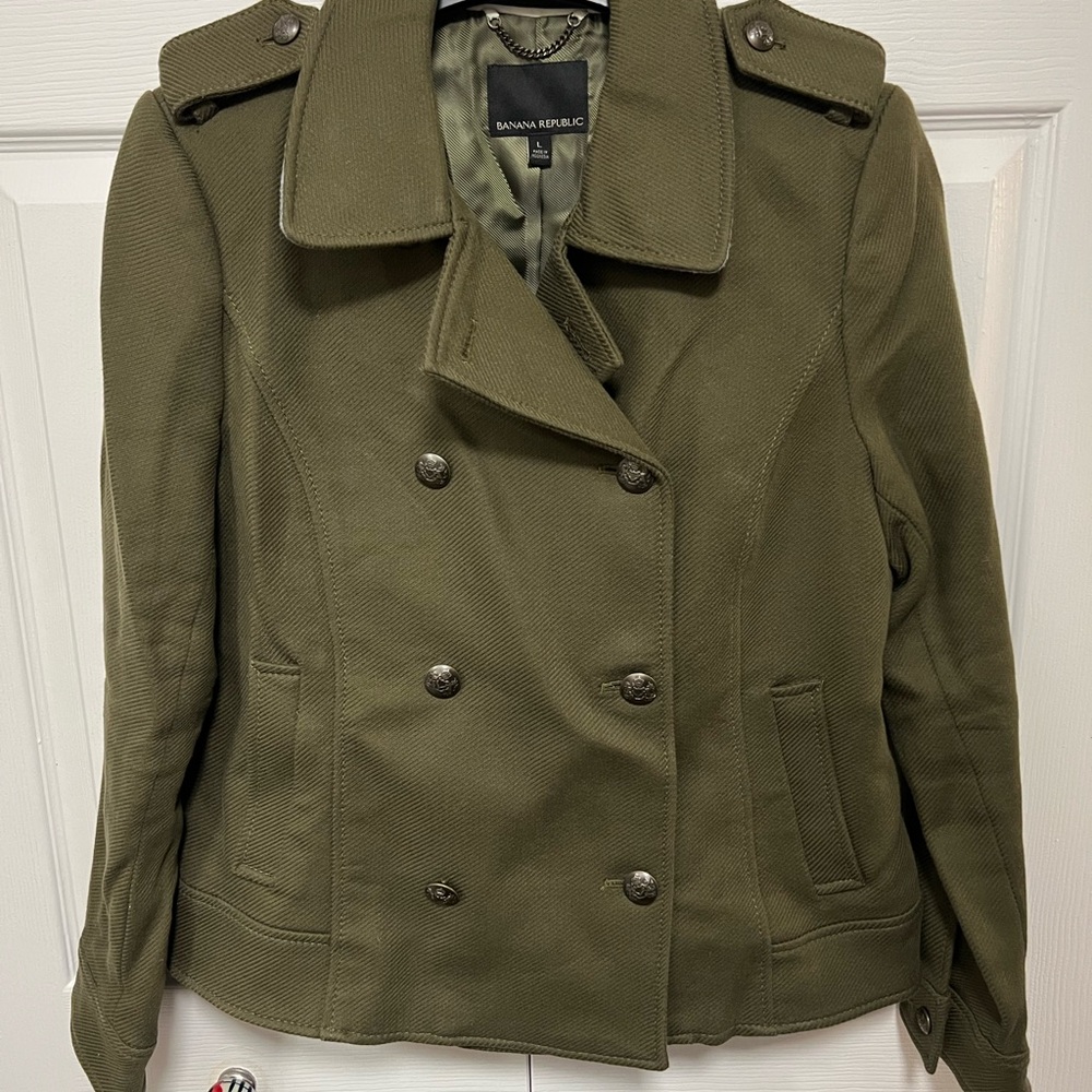 Banana Republic Olive Green Double-Breasted Military Pea Coat Jacket